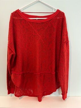 Free People Women’s Lace Mesh Top Sheer Floral Long Sleeve Red Orange, Sz Small